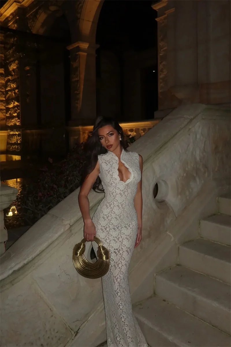 Victoria's Vogue Lace Sleeveless Sexy Maxi Dress Women Gown Elegant Hollow Out Half High Collar Split Bodycon Club Party Long Dresses Victoria's Vogue Lace Sleeveless Sexy Maxi Dress Women Gown Elegant Hollow Out Half High Collar Split Bodycon Club Party Long Dresses