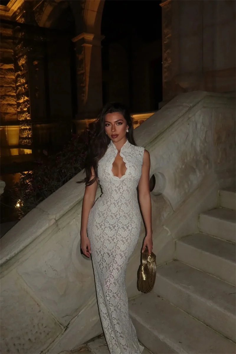 Victoria's Vogue Lace Sleeveless Sexy Maxi Dress Women Gown Elegant Hollow Out Half High Collar Split Bodycon Club Party Long Dresses Victoria's Vogue Lace Sleeveless Sexy Maxi Dress Women Gown Elegant Hollow Out Half High Collar Split Bodycon Club Party Long Dresses