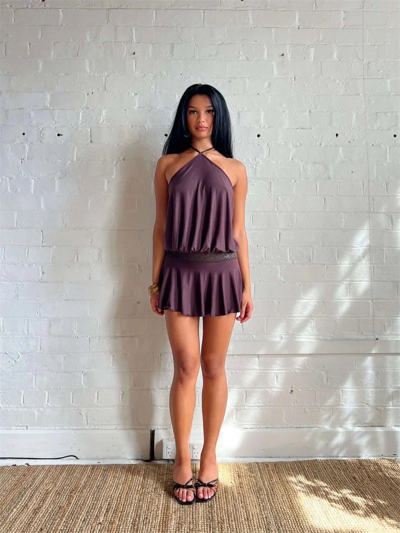 Victoria's Vogue Halter Backless Sexy Mini Dress Women Robe Fashion Summer New Lace Patchwork Sleeveless Pleated Ruffled Club Dress