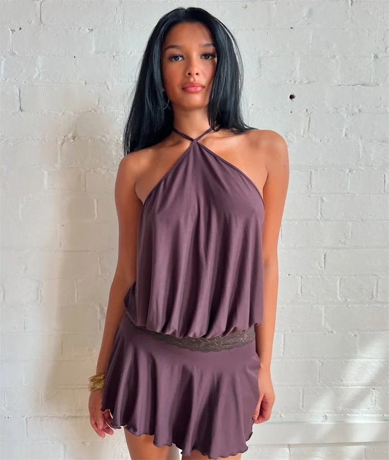 Victoria's Vogue Halter Backless Sexy Mini Dress Women Robe Fashion Summer New Lace Patchwork Sleeveless Pleated Ruffled Club Dress