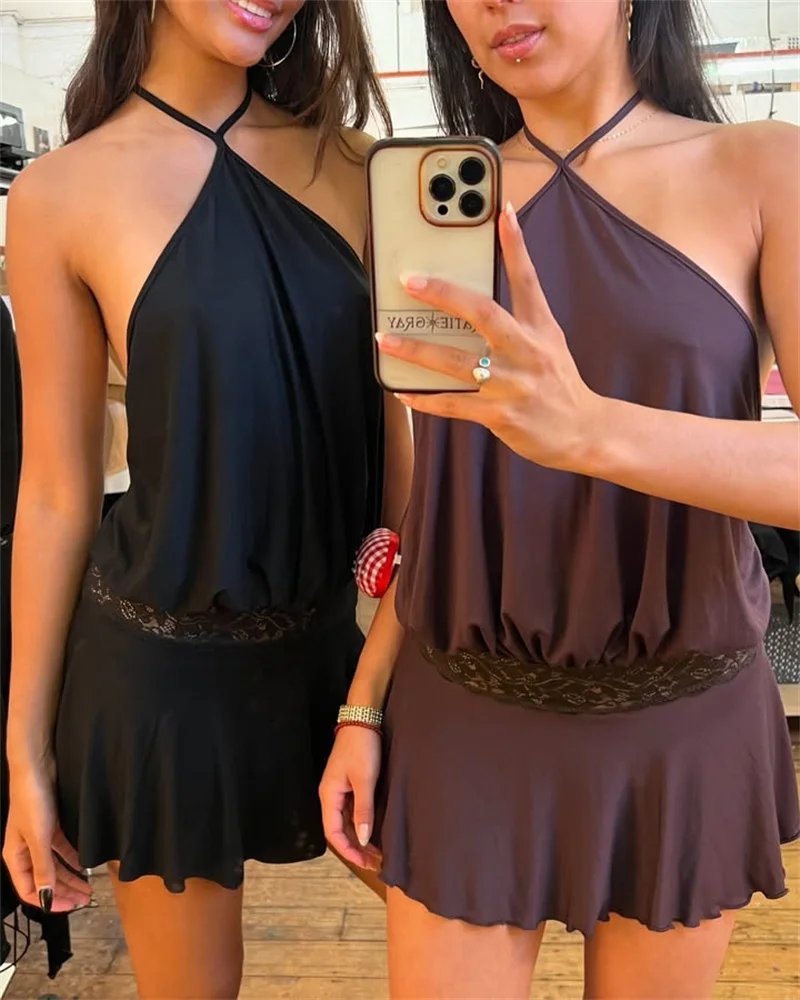Victoria's Vogue Halter Backless Sexy Mini Dress Women Robe Fashion Summer New Lace Patchwork Sleeveless Pleated Ruffled Club Dress