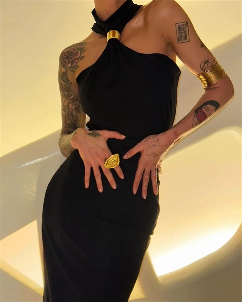 Victoria's Vogue Turtleneck Off-shoulder Sexy Knit Maxi Dress For Women Gown Metal Buckle Strapless Sleeveless High Waist Knitted Dress Victoria's Vogue Turtleneck Off-shoulder Sexy Knit Maxi Dress For Women Gown Metal Buckle Strapless Sleeveless High Waist Knitted Dress