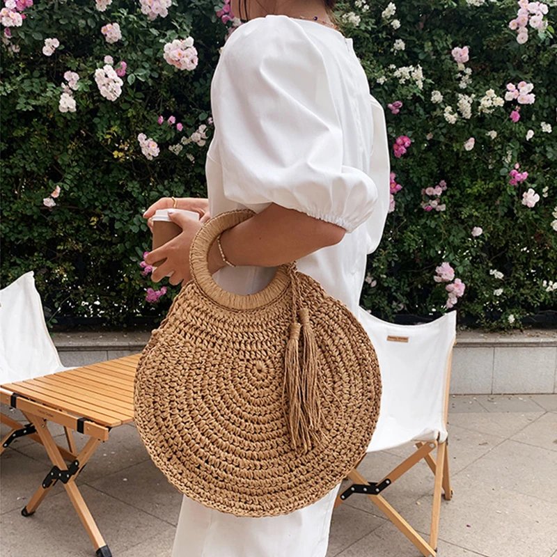 Victoria's Vogue 2023 Straw Bag Rattan Woven Round Tassel Handbag For Women Large Capacity Shoulder Tote Purse Ladies Holiday Wood Handle Bag Victoria's Vogue 2023 Straw Bag Rattan Woven Round Tassel Handbag For Women Large Capacity Shoulder Tote Purse Ladies Holiday Wood Handle Bag