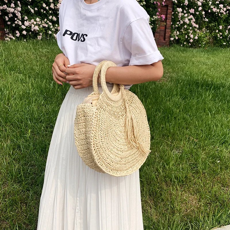 Victoria's Vogue 2023 Straw Bag Rattan Woven Round Tassel Handbag For Women Large Capacity Shoulder Tote Purse Ladies Holiday Wood Handle Bag Victoria's Vogue 2023 Straw Bag Rattan Woven Round Tassel Handbag For Women Large Capacity Shoulder Tote Purse Ladies Holiday Wood Handle Bag