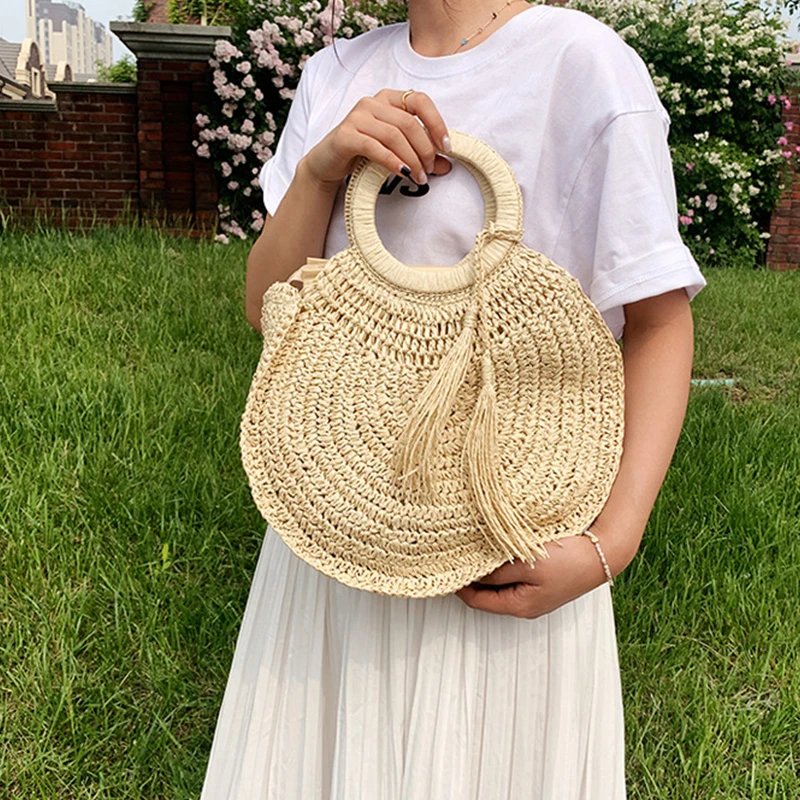 Victoria's Vogue 2023 Straw Bag Rattan Woven Round Tassel Handbag For Women Large Capacity Shoulder Tote Purse Ladies Holiday Wood Handle Bag Victoria's Vogue 2023 Straw Bag Rattan Woven Round Tassel Handbag For Women Large Capacity Shoulder Tote Purse Ladies Holiday Wood Handle Bag