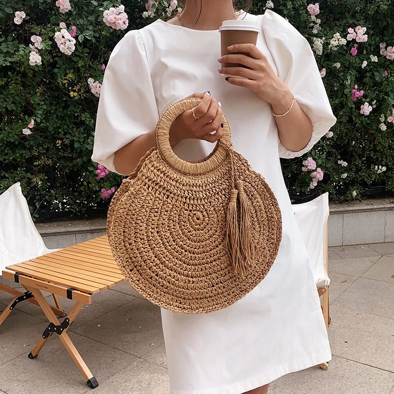 Victoria's Vogue 2023 Straw Bag Rattan Woven Round Tassel Handbag For Women Large Capacity Shoulder Tote Purse Ladies Holiday Wood Handle Bag Victoria's Vogue 2023 Straw Bag Rattan Woven Round Tassel Handbag For Women Large Capacity Shoulder Tote Purse Ladies Holiday Wood Handle Bag