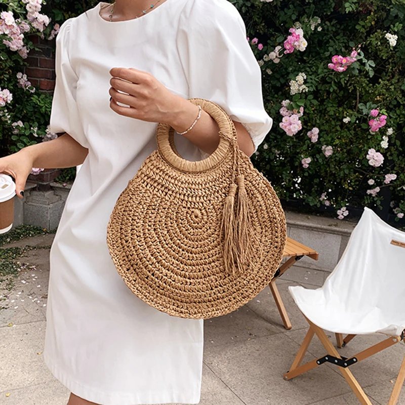 Victoria's Vogue 2023 Straw Bag Rattan Woven Round Tassel Handbag For Women Large Capacity Shoulder Tote Purse Ladies Holiday Wood Handle Bag Victoria's Vogue 2023 Straw Bag Rattan Woven Round Tassel Handbag For Women Large Capacity Shoulder Tote Purse Ladies Holiday Wood Handle Bag