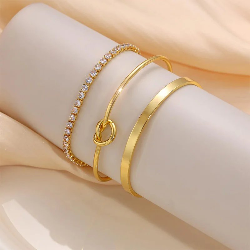 Victoria's Vogue 3pcs Stainless Steel Gold Plated Bracelets for Women Adjustable Jewelry Gifts Luxury Zircon Chain Bangles Jewelry Accessories Victoria's Vogue 3pcs Stainless Steel Gold Plated Bracelets for Women Adjustable Jewelry Gifts Luxury Zircon Chain Bangles Jewelry Accessories