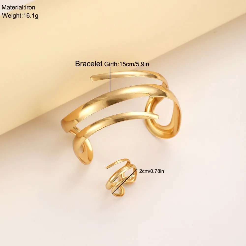 Victoria's Vogue European and American Thick Bracelet and Ring Jewelry Set for Women Gold Color Geometric Line Bracelet Ring Combination Set Gift