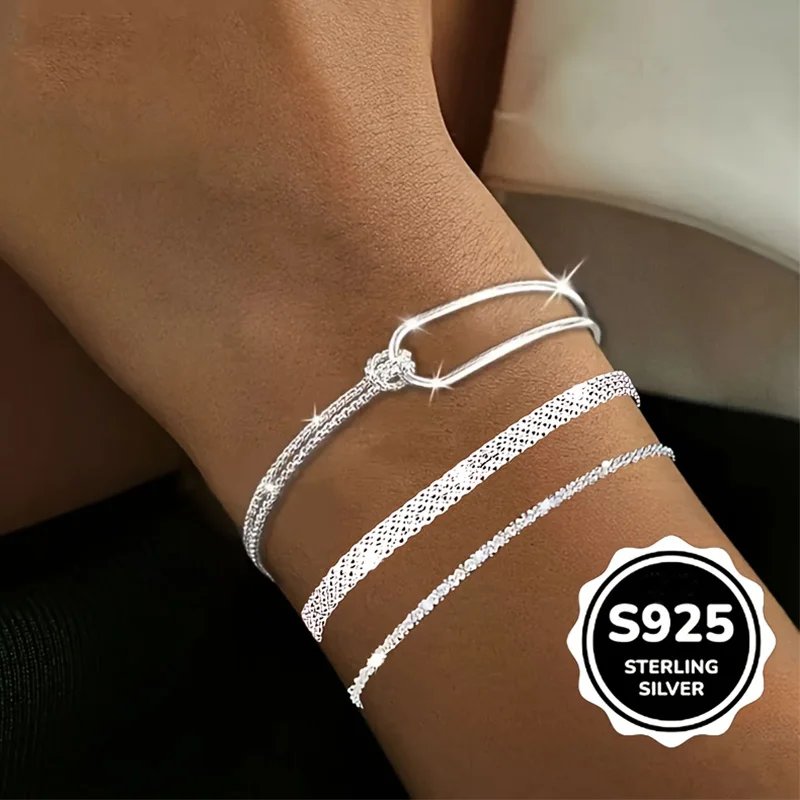 Victoria's Vogue 3Pcs S925 Sterling Silver Bracelet Set Minimalist Geometric Half Chain Woven Wavy Bracelets For Women Elegant Jewelry Gifts Victoria's Vogue 3Pcs S925 Sterling Silver Bracelet Set Minimalist Geometric Half Chain Woven Wavy Bracelets For Women Elegant Jewelry Gifts