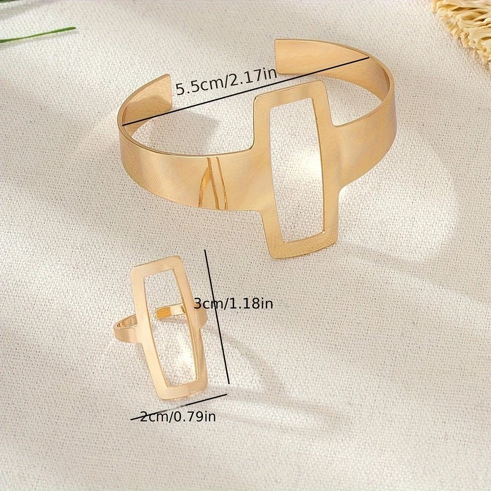 Victoria's Vogue 2pcs New Fashion Simple Design Geometric Open Bracelet Ring Set, Women's Personalized Trend Holiday Party Accessories Gifts