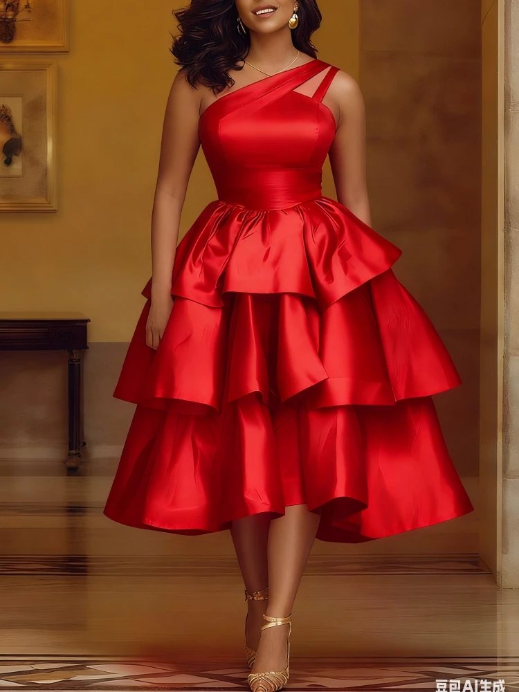 Victoria's Vogue Women Elegant Shiny One Shoulder Ruffle Layered Christmas Party Dresses Date Out Birthday Wedding Guest Event Occasion Gowns New