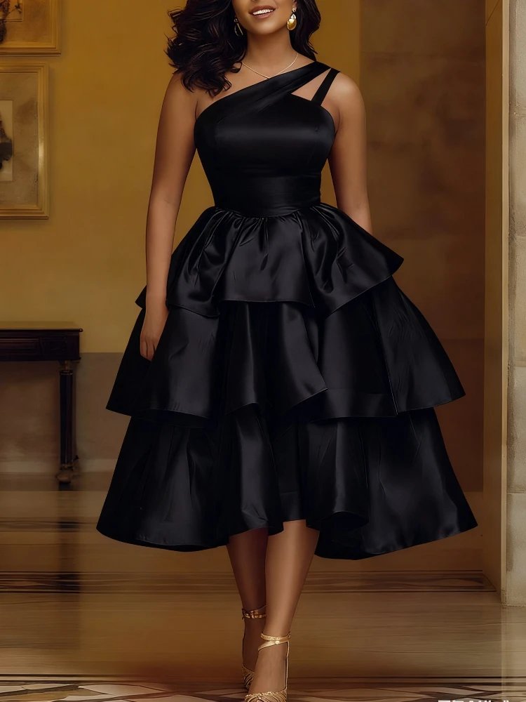 Victoria's Vogue Women Elegant Shiny One Shoulder Ruffle Layered Christmas Party Dresses Date Out Birthday Wedding Guest Event Occasion Gowns New
