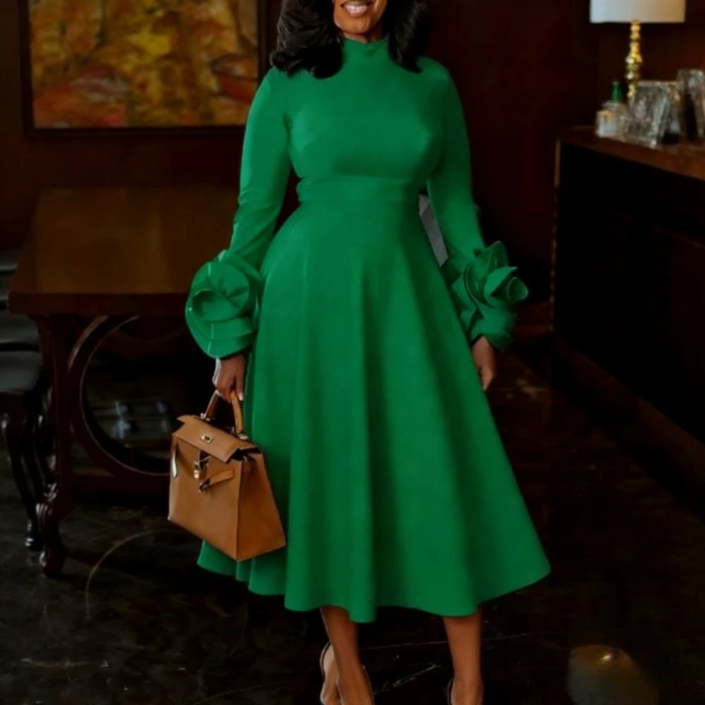 Victoria's Vogue Classy Women A Line Pleated Dress Half High Neck Long Sleeve with 3D Floral High Waist Weddings Christmas New Year Formal Events