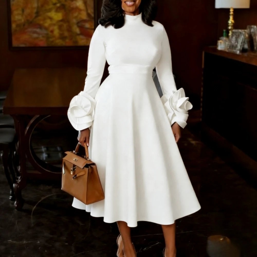 Victoria's Vogue Classy Women A Line Pleated Dress Half High Neck Long Sleeve with 3D Floral High Waist Weddings Christmas New Year Formal Events