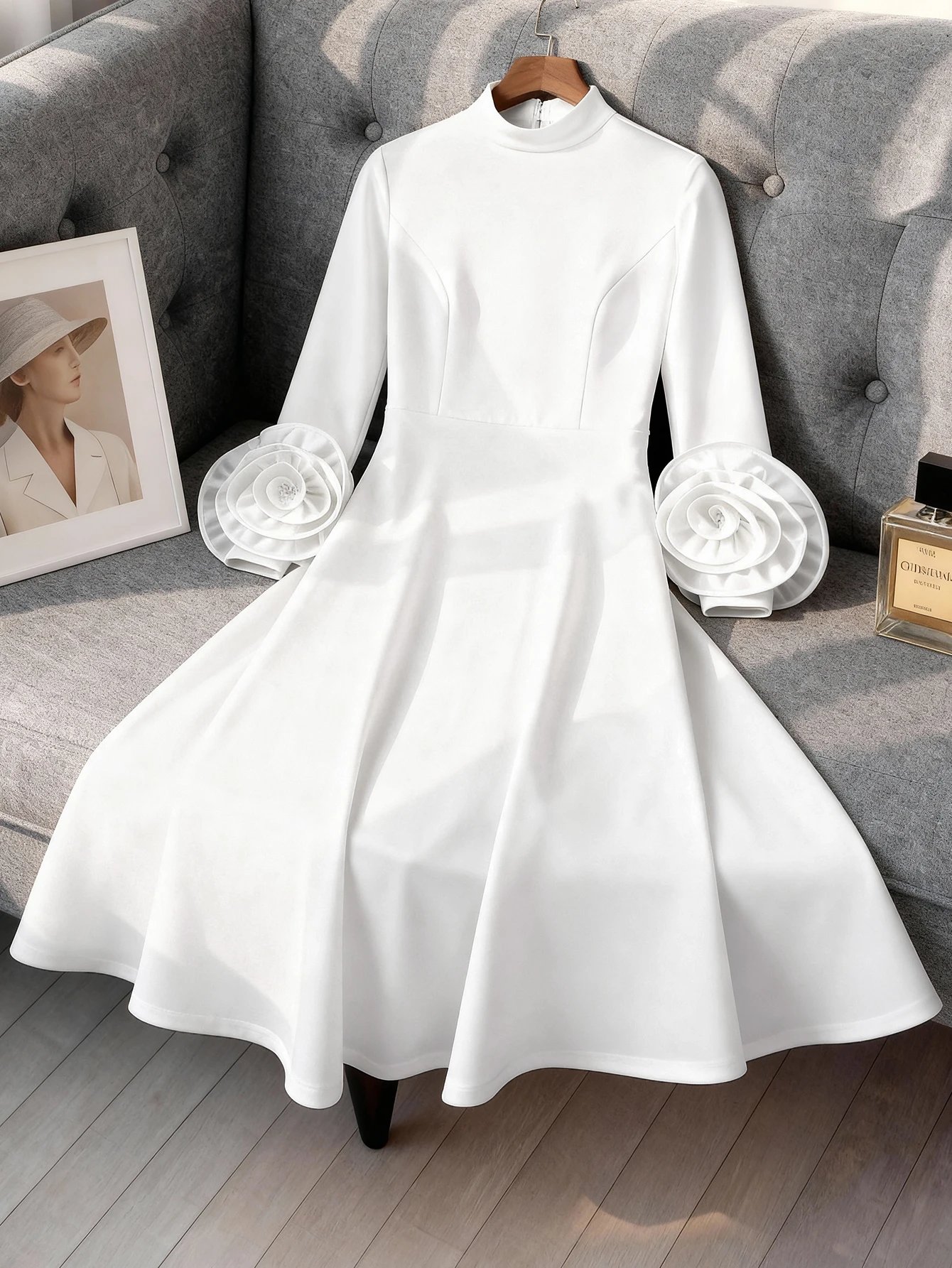 Victoria's Vogue Classy Women A Line Pleated Dress Half High Neck Long Sleeve with 3D Floral High Waist Weddings Christmas New Year Formal Events