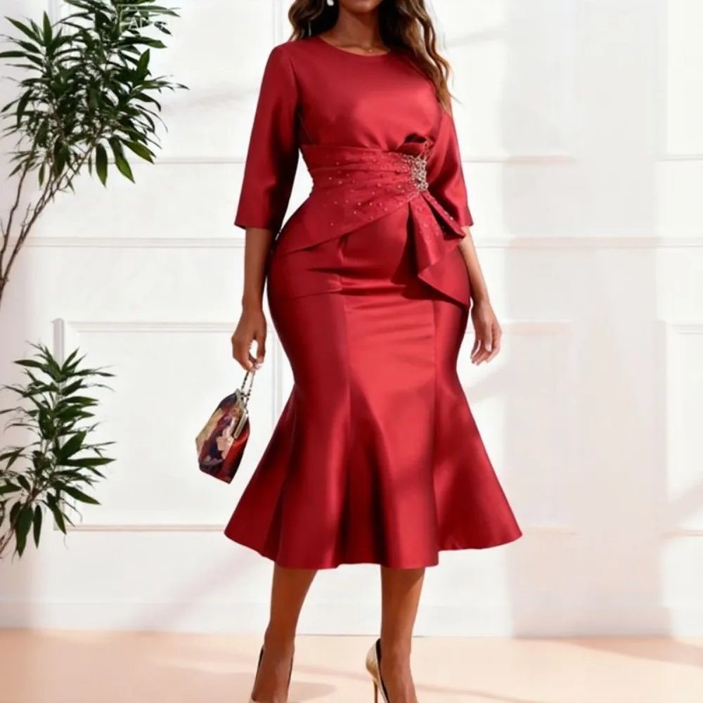 Victoria's Vogue Elegant Satin Mermaid Dress for Women O Neck Half Sleeve Peplum Waist Rhinestone Package Hip Weddings Church Formal Events Gowns Victoria's Vogue Elegant Satin Mermaid Dress for Women O Neck Half Sleeve Peplum Waist Rhinestone Package Hip Weddings Church Formal Events Gowns