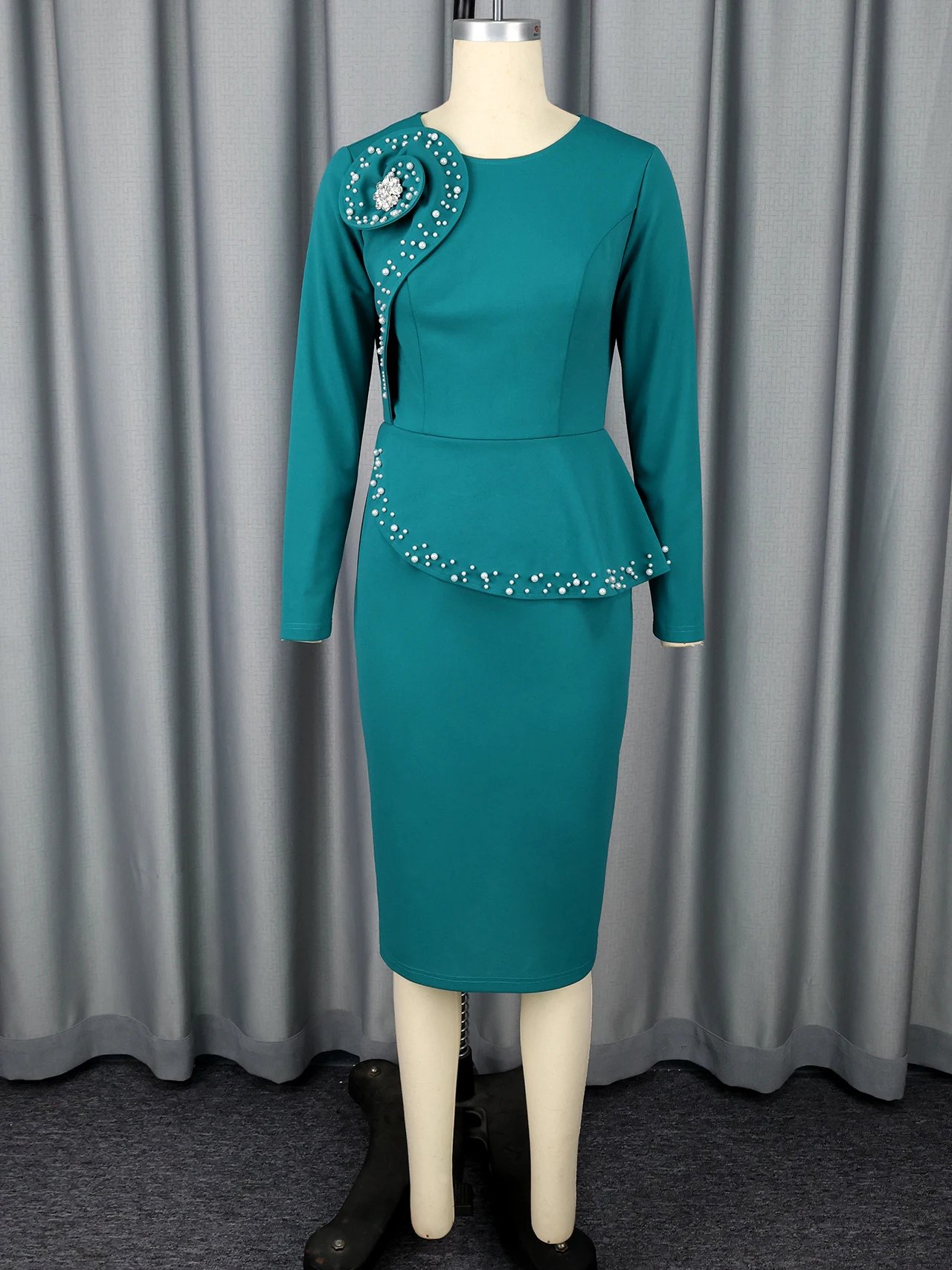 Victoria's Vogue Elegant Church Dresses Long Sleeves 3D Flower Beading Women Peplum O Neck Long Sleeves Midi Evening Party Wedding Guest Autum Victoria's Vogue Elegant Church Dresses Long Sleeves 3D Flower Beading Women Peplum O Neck Long Sleeves Midi Evening Party Wedding Guest Autum