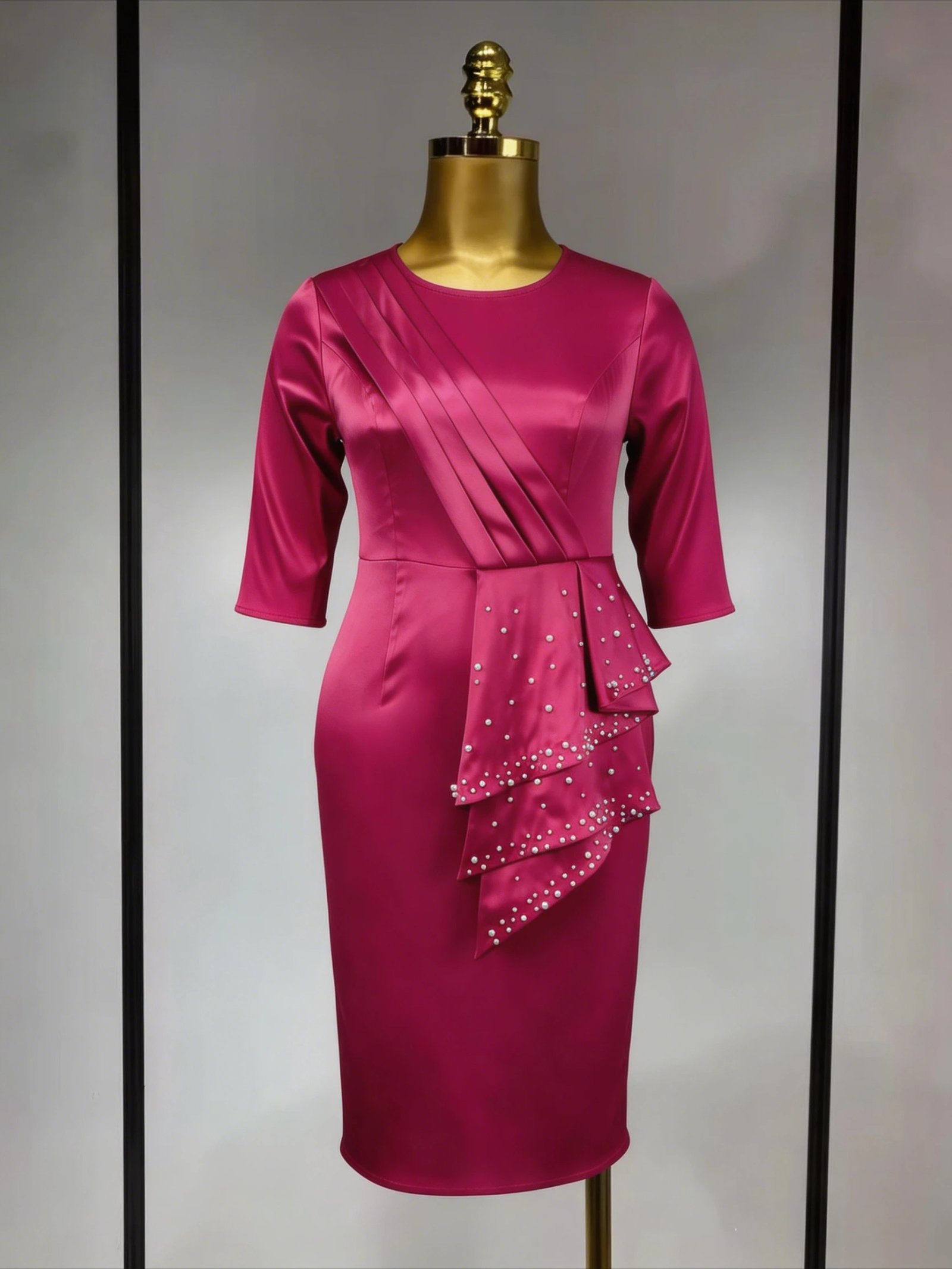 Victoria's Vogue Elegant Shiny Satin Slim Dress O Neck Long Sleeves Tierred Draped with Beading Weddings Formal Events Office Business Occasions Victoria's Vogue Elegant Shiny Satin Slim Dress O Neck Long Sleeves Tierred Draped with Beading Weddings Formal Events Office Business Occasions