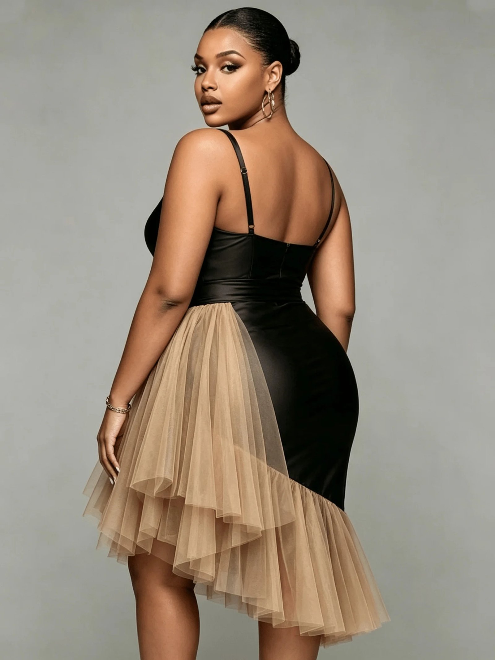 Victoria's Vogue Plus Size One Shoulder Midi Dress for Women Faux Leather Spliced Tulle Asymmetrical Hem Bodycon Elegant Wedding Guest Dress