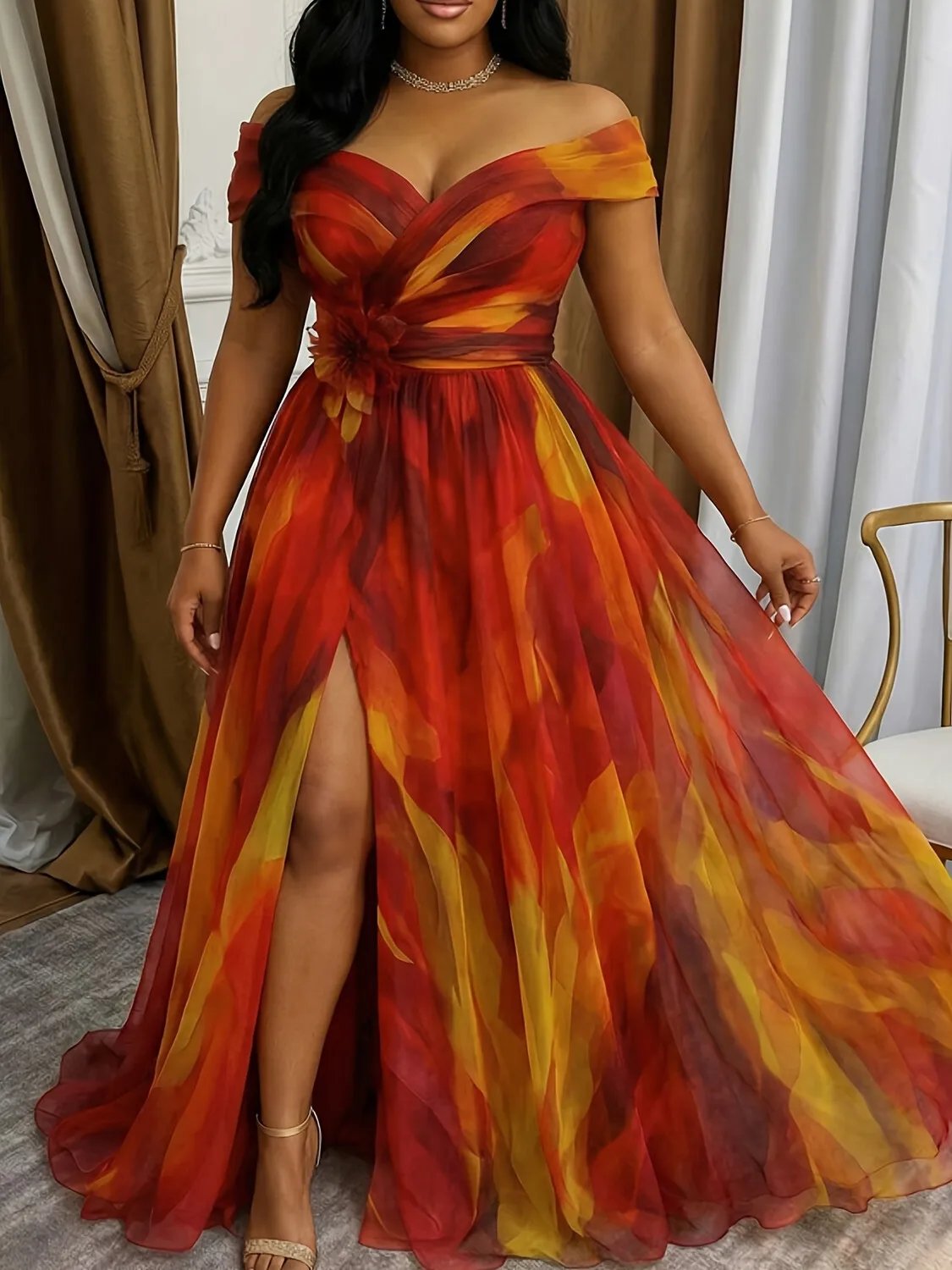 Victoria's Vogue Women Plus Size Off Shoulder Formal Evening Dress Tie Dye Tulle 3D Flower Split A Line Maxi Wedding Guest Party Dress