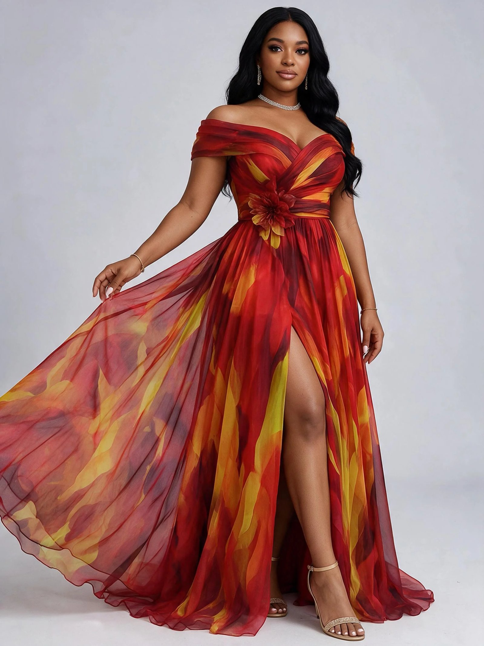 Victoria's Vogue Women Plus Size Off Shoulder Formal Evening Dress Tie Dye Tulle 3D Flower Split A Line Maxi Wedding Guest Party Dress
