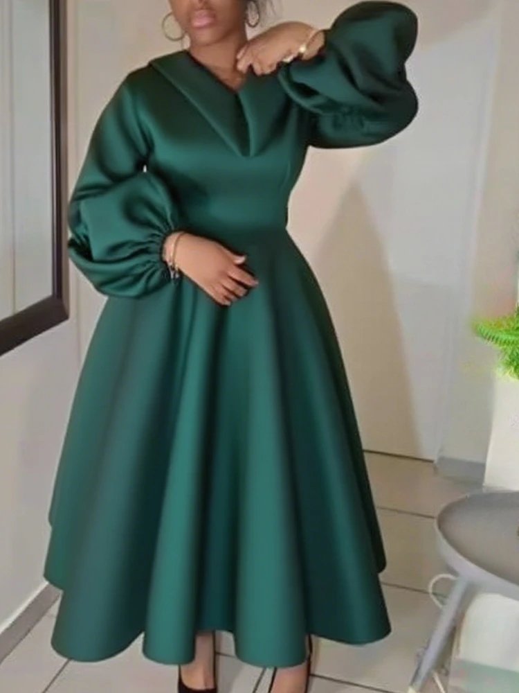 Victoria's Vogue Women Church Dresses A Line Long Lantern Sleeve Turn Down Collar Party Christmas Celebrate Occasion Birthday Stylish African New