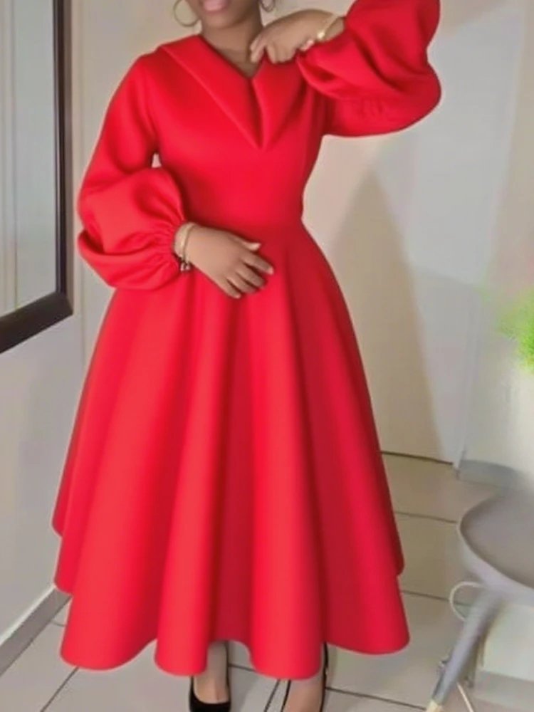 Victoria's Vogue Women Church Dresses A Line Long Lantern Sleeve Turn Down Collar Party Christmas Celebrate Occasion Birthday Stylish African New