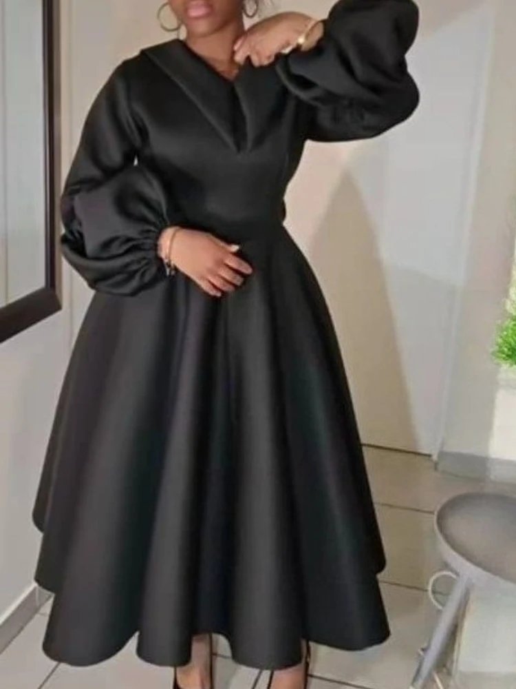 Victoria's Vogue Women Church Dresses A Line Long Lantern Sleeve Turn Down Collar Party Christmas Celebrate Occasion Birthday Stylish African New