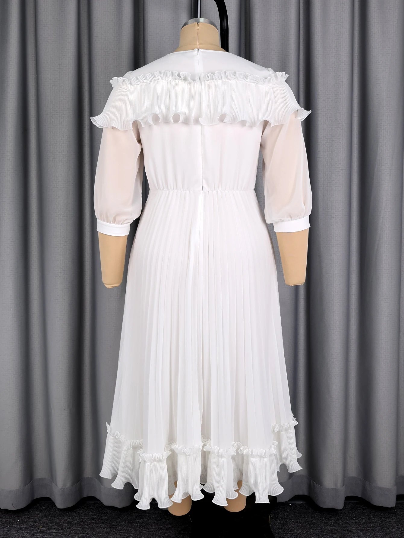 Victoria's Vogue Women A Line Pleated Chiffon Dress V Neck Puff Sleeves Beading Ruffles Waist Belt Fashion African Female Evening Party Gown