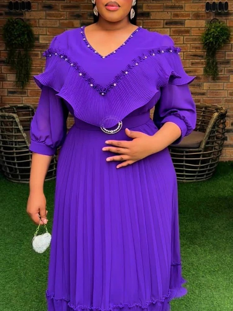 Victoria's Vogue Women A Line Pleated Chiffon Dress V Neck Puff Sleeves Beading Ruffles Waist Belt Fashion African Female Evening Party Gown