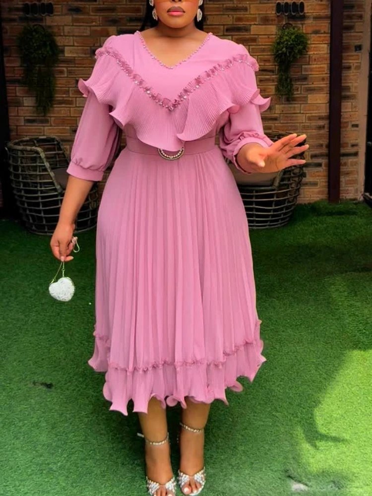 Victoria's Vogue Women A Line Pleated Chiffon Dress V Neck Puff Sleeves Beading Ruffles Waist Belt Fashion African Female Evening Party Gown
