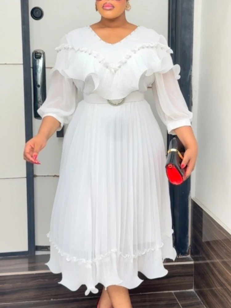 Victoria's Vogue Women A Line Pleated Chiffon Dress V Neck Puff Sleeves Beading Ruffles Waist Belt Fashion African Female Evening Party Gown