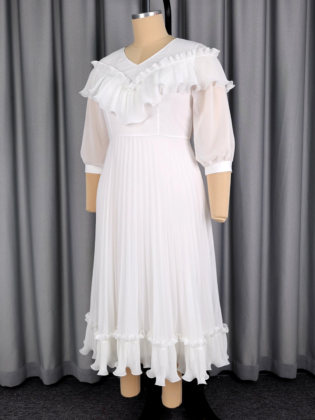 Victoria's Vogue Women A Line Pleated Chiffon Dress V Neck Puff Sleeves Beading Ruffles Waist Belt Fashion African Female Evening Party Gown