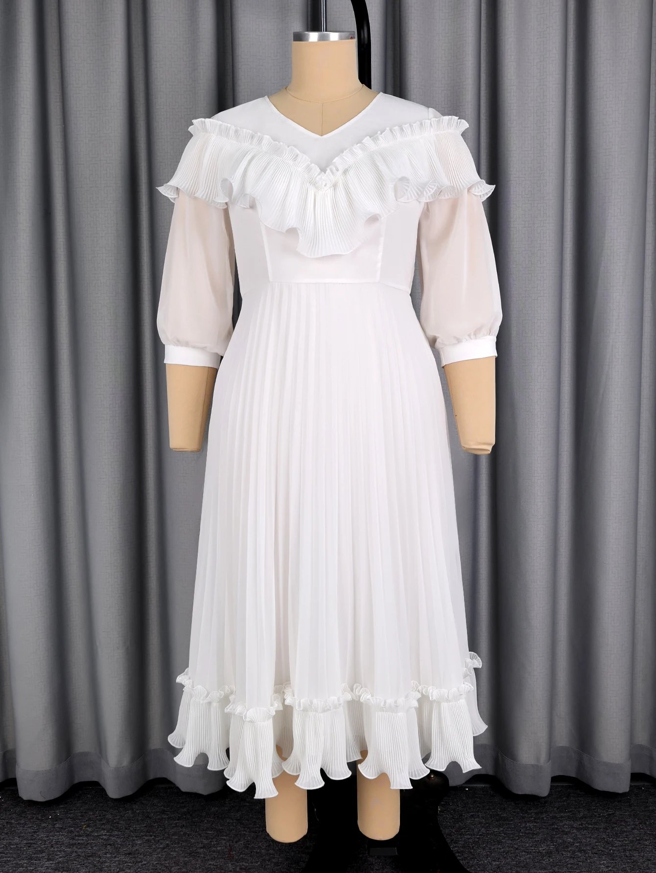 Victoria's Vogue Women A Line Pleated Chiffon Dress V Neck Puff Sleeves Beading Ruffles Waist Belt Fashion African Female Evening Party Gown