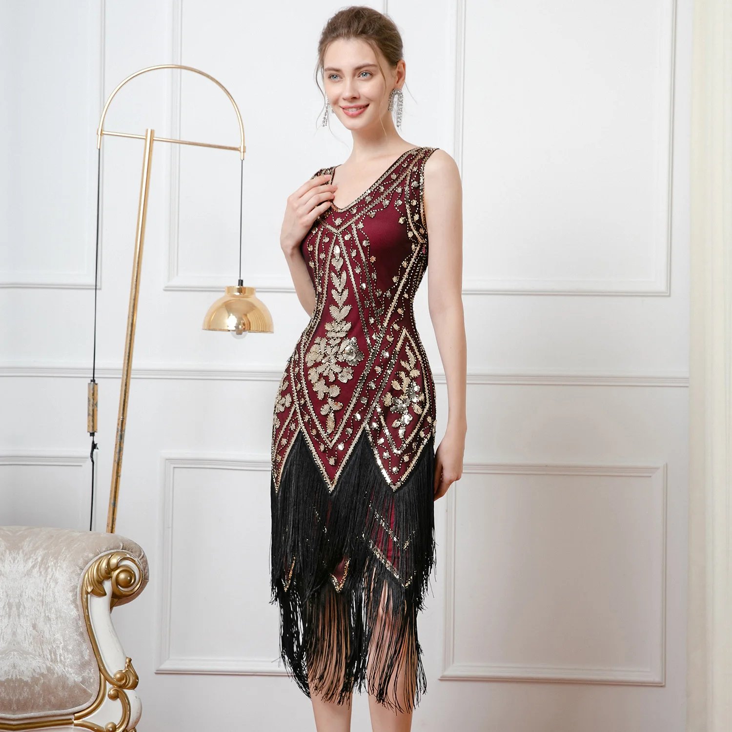 Victoria'S Vogue vintage double-layer tassel dress Gatsby ball sequin dress party V-neck studded bead dance dress