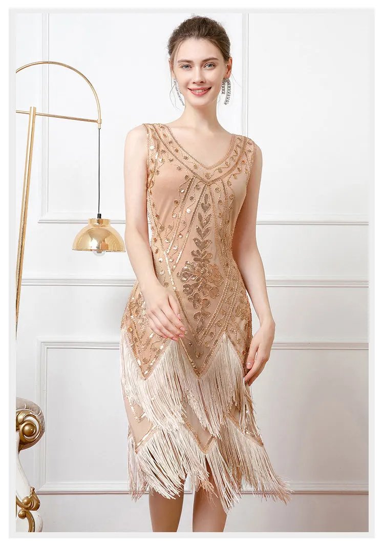 Victoria'S Vogue vintage double-layer tassel dress Gatsby ball sequin dress party V-neck studded bead dance dress