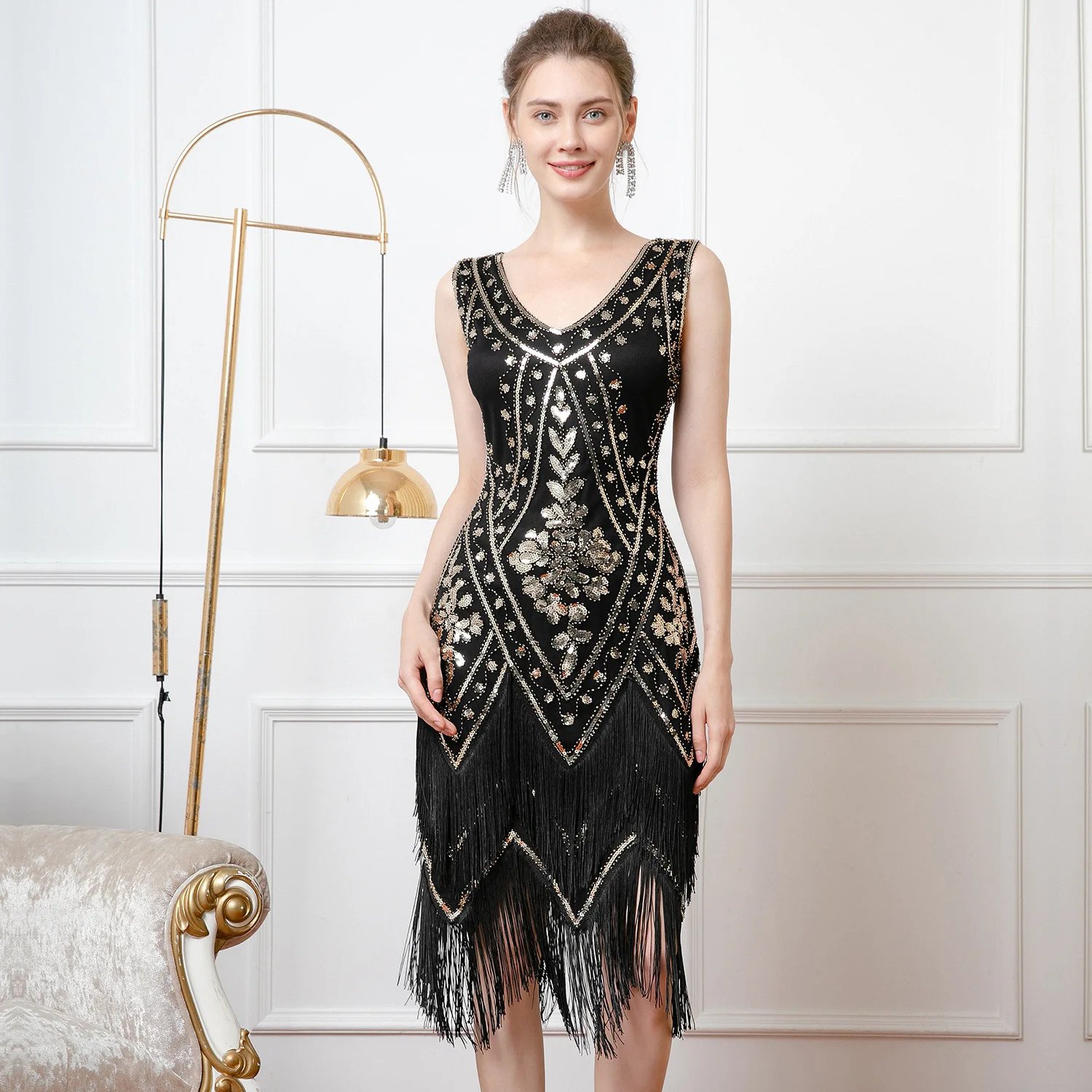 Victoria'S Vogue vintage double-layer tassel dress Gatsby ball sequin dress party V-neck studded bead dance dress