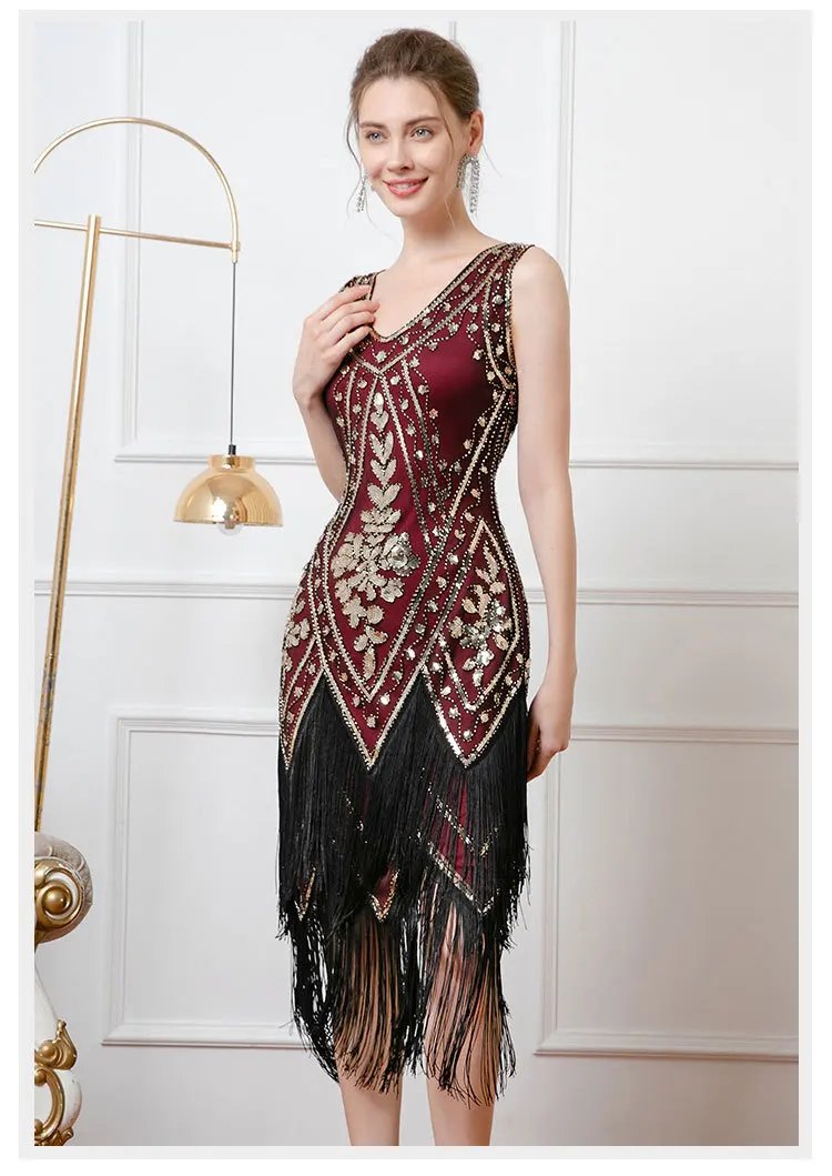 Victoria'S Vogue vintage double-layer tassel dress Gatsby ball sequin dress party V-neck studded bead dance dress