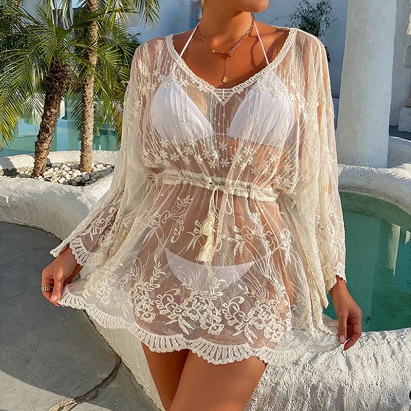 Victoria'S Vogue Women Summer Swimsuit Cover Up Sheer Mesh Lace Dress Pullover Drawstring Sun Protection Tops Beach Bikini Wrap Chiffon Cover-up