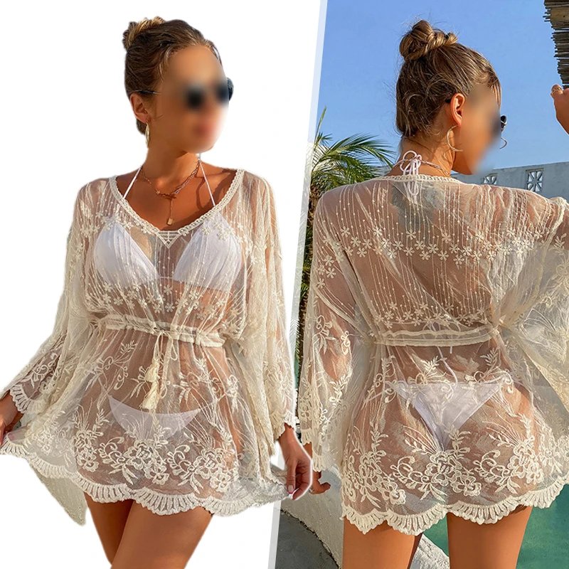 Victoria'S Vogue Women Summer Swimsuit Cover Up Sheer Mesh Lace Dress Pullover Drawstring Sun Protection Tops Beach Bikini Wrap Chiffon Cover-up