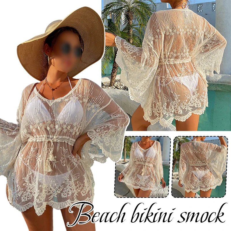 Victoria'S Vogue Women Summer Swimsuit Cover Up Sheer Mesh Lace Dress Pullover Drawstring Sun Protection Tops Beach Bikini Wrap Chiffon Cover-up