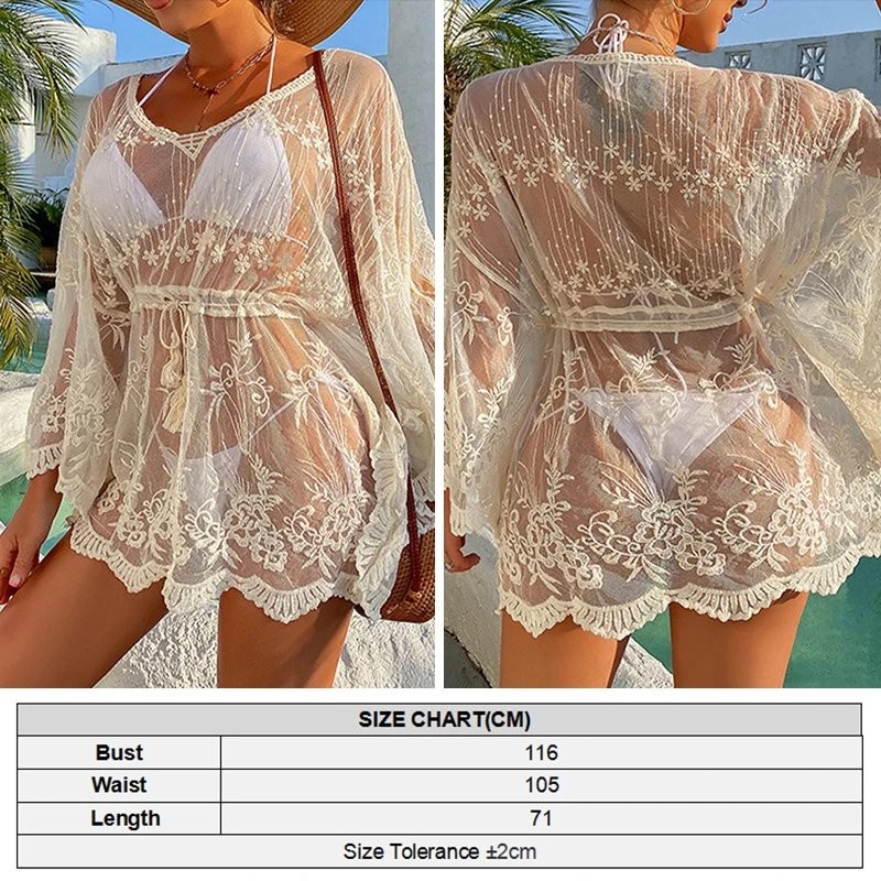 Victoria'S Vogue Women Summer Swimsuit Cover Up Sheer Mesh Lace Dress Pullover Drawstring Sun Protection Tops Beach Bikini Wrap Chiffon Cover-up