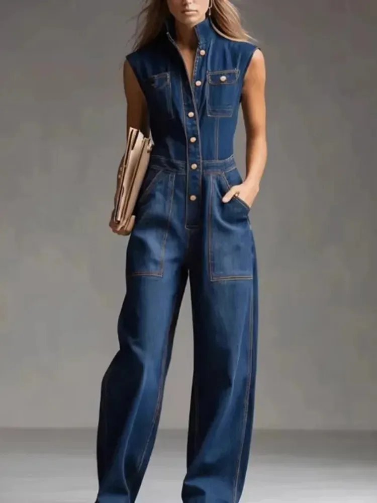 Victoria''s Vogue 2026 New Women Fashion Pockets Buttons Denim Jumpsuits Sleeveless High Waisted Wide Leg Casual Jean Romper Overalls