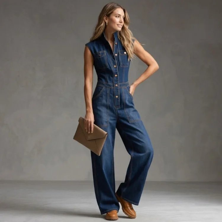 Victoria''s Vogue 2026 New Women Fashion Pockets Buttons Denim Jumpsuits Sleeveless High Waisted Wide Leg Casual Jean Romper Overalls