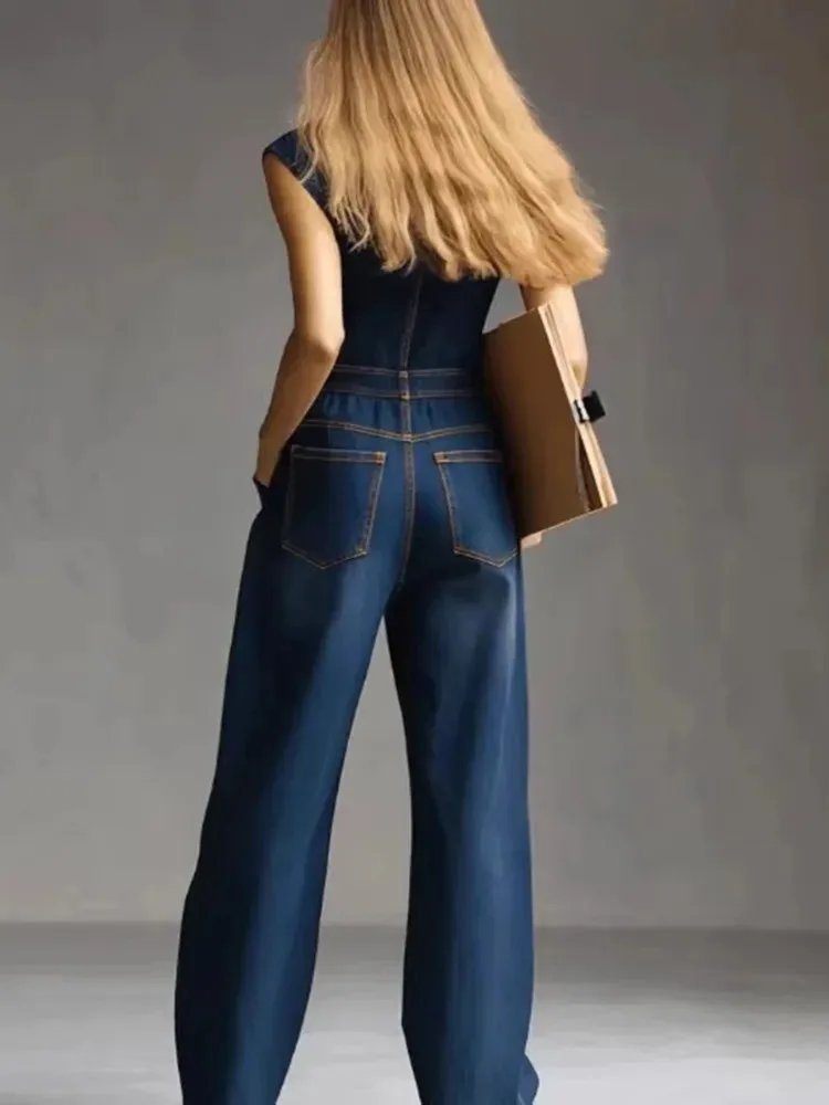 Victoria''s Vogue 2026 New Women Fashion Pockets Buttons Denim Jumpsuits Sleeveless High Waisted Wide Leg Casual Jean Romper Overalls