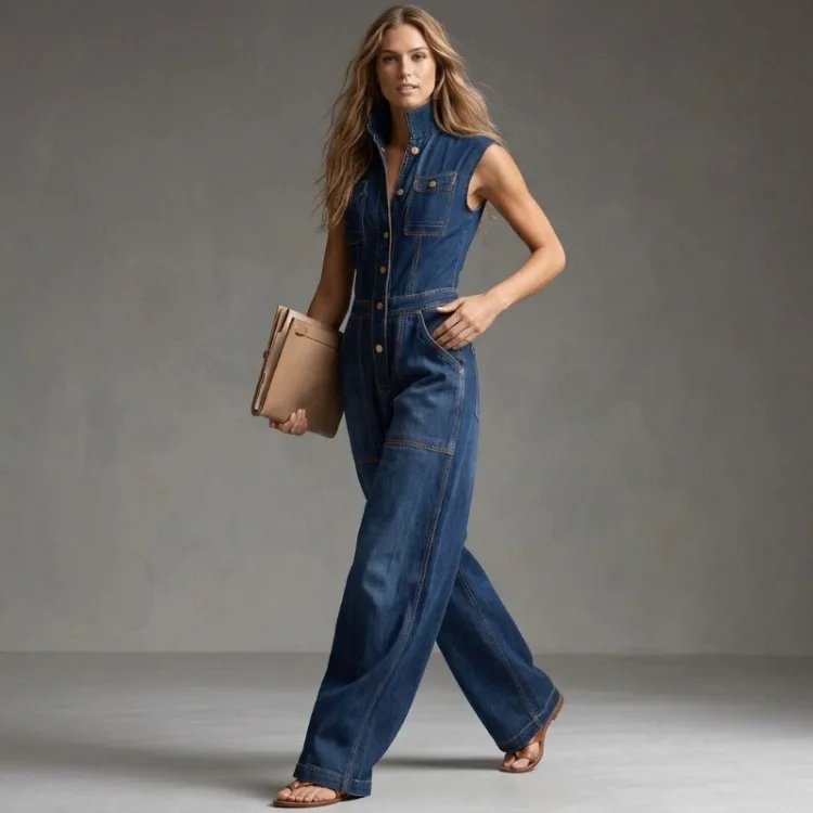 Victoria''s Vogue 2026 New Women Fashion Pockets Buttons Denim Jumpsuits Sleeveless High Waisted Wide Leg Casual Jean Romper Overalls
