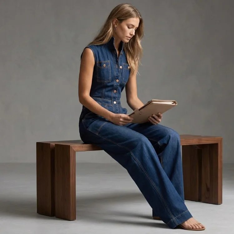 Victoria''s Vogue 2026 New Women Fashion Pockets Buttons Denim Jumpsuits Sleeveless High Waisted Wide Leg Casual Jean Romper Overalls