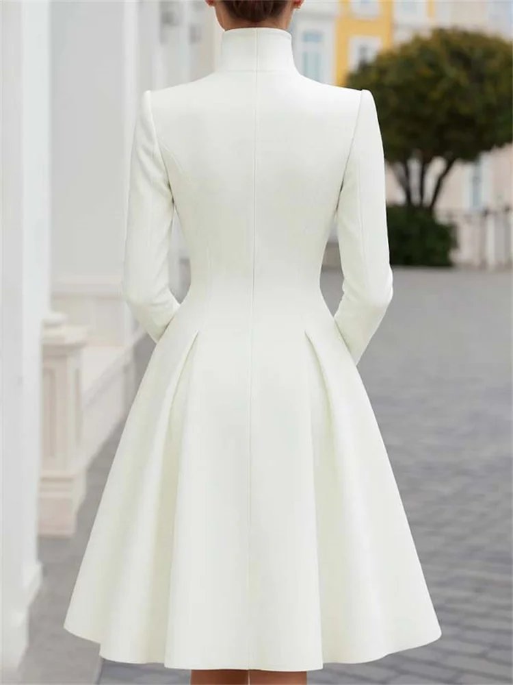 Victoria's Vogue 2026 New Elegant Formal Office Evening A-line Dress For Women Long Sleeves Stand Collar Wedding Guest Midi Dresses