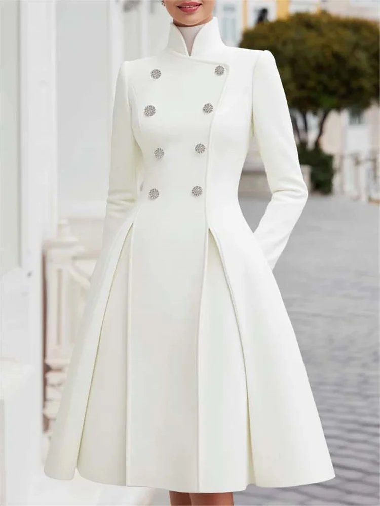 Victoria's Vogue 2026 New Elegant Formal Office Evening A-line Dress For Women Long Sleeves Stand Collar Wedding Guest Midi Dresses